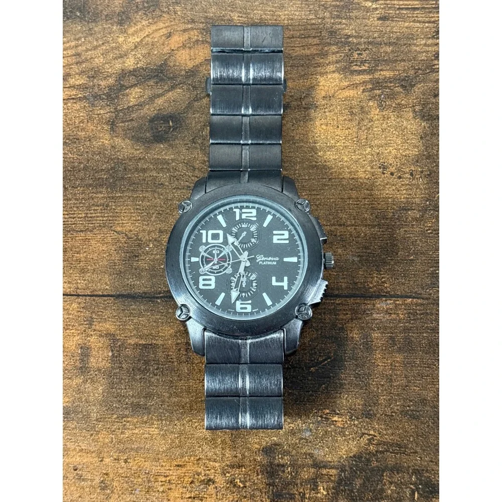 Geneva Platinum Mens Watch 9266 Gunmetal Distressed Industrial Link Band Black